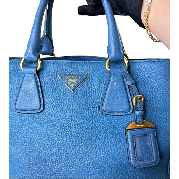 Prada Blue Pebbled Leather Vitello Daino Tote NO Shoulder Strap - Picture 2 of 5